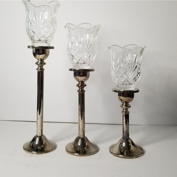 Vintage GORHAM Silver Plated 3 Light Candle Candelabra Set  Vintage silver plated set of 3 hurricane candle